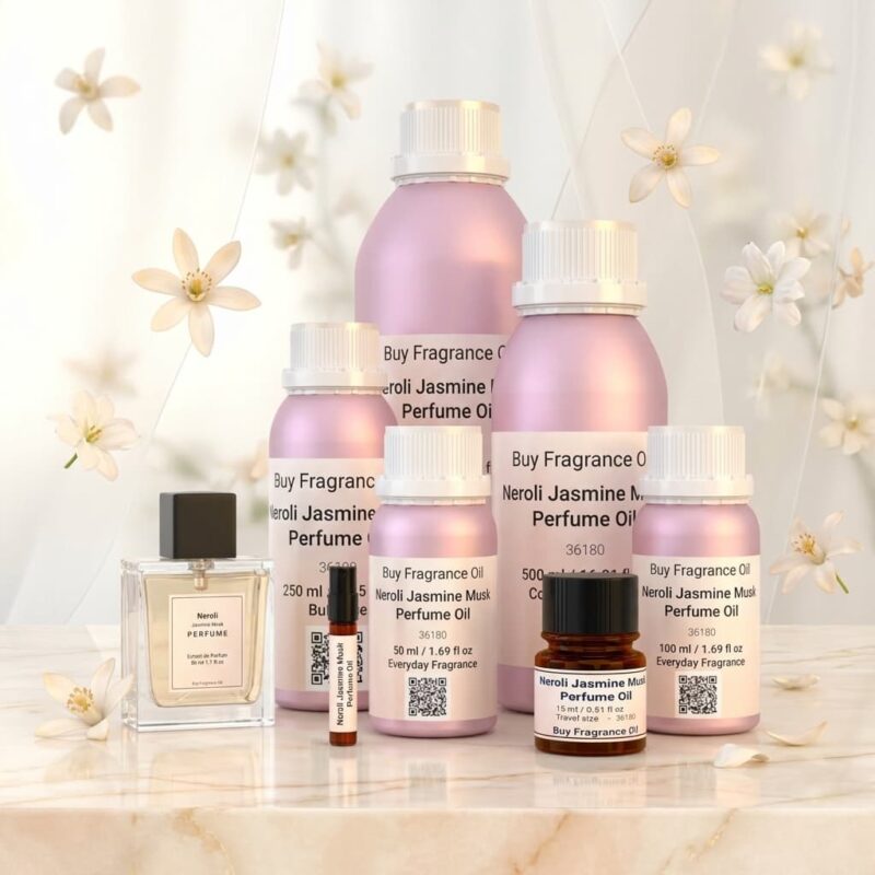 neroli jasmine musk perfume oil background with soft white flowers and clean airy light in a minimal elegant atmosphere