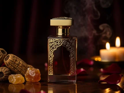 Oud Amber Rose perfume oil bottle with golden oriental atmosphere, deep oud wood, warm amber glow and velvety rose petals.