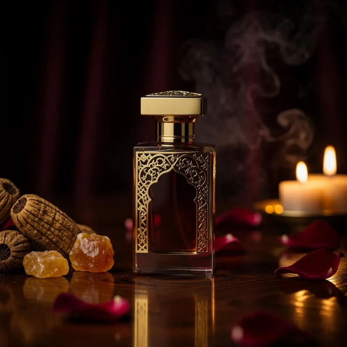 Oud Amber Rose perfume oil bottle with golden oriental atmosphere, deep oud wood, warm amber glow and velvety rose petals.