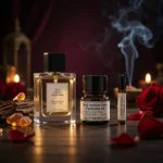 Oud Amber Rose perfume oil bottle with golden oriental atmosphere, deep oud wood, warm amber glow and velvety rose petals.