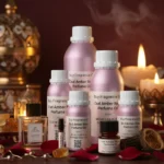 Oud Amber Rose perfume oil bottle with golden oriental atmosphere, deep oud wood, warm amber glow and velvety rose petals.