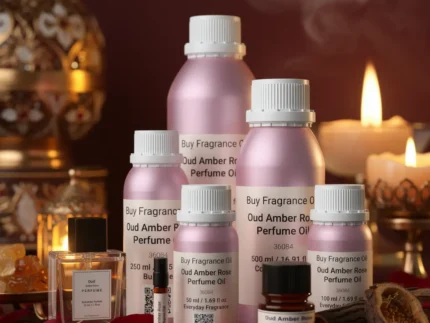 Oud Amber Rose perfume oil bottle with golden oriental atmosphere, deep oud wood, warm amber glow and velvety rose petals.