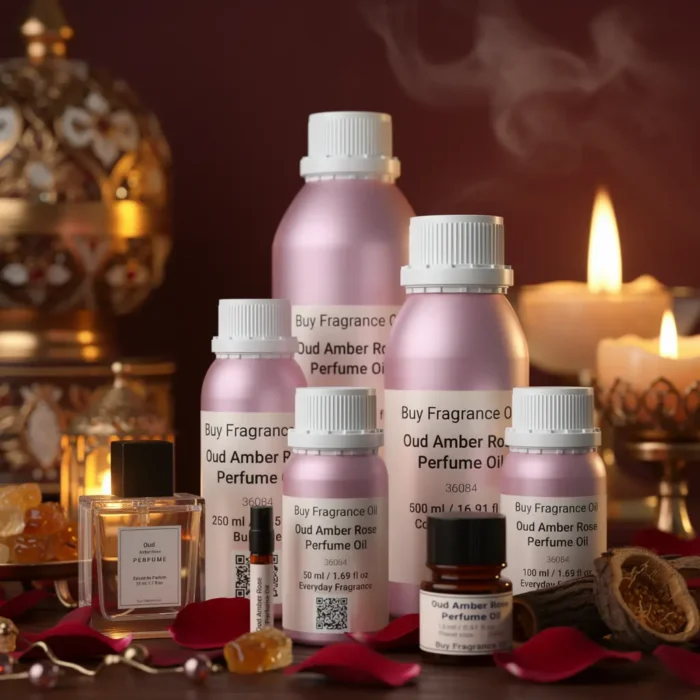 Oud Amber Rose perfume oil bottle with golden oriental atmosphere, deep oud wood, warm amber glow and velvety rose petals.
