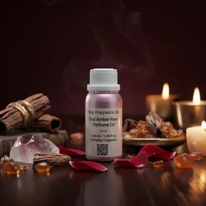 Oud Amber Rose perfume oil bottle with golden oriental atmosphere, deep oud wood, warm amber glow and velvety rose petals.