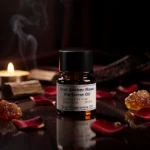 Oud Amber Rose perfume oil bottle with golden oriental atmosphere, deep oud wood, warm amber glow and velvety rose petals.