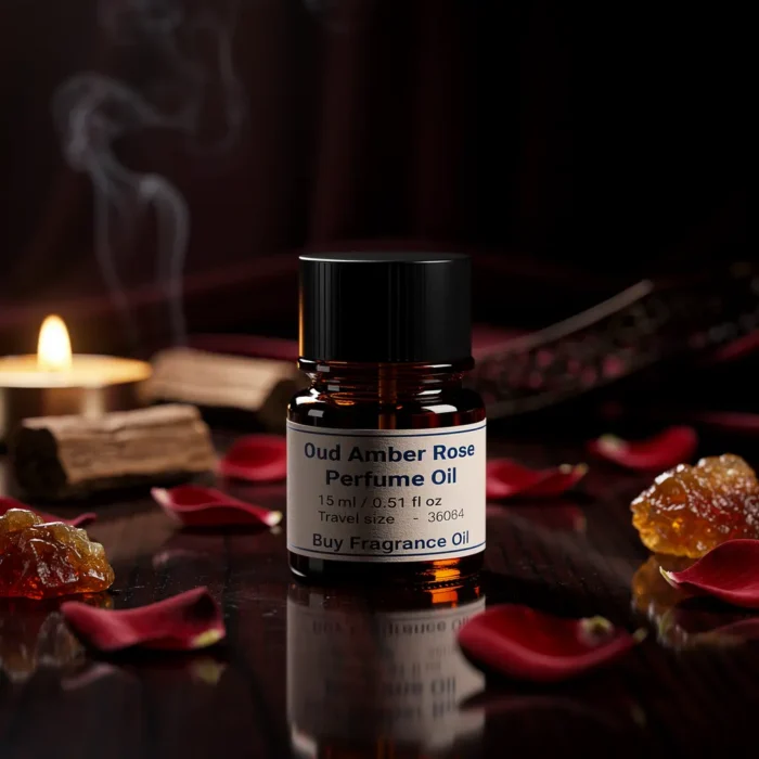 Oud Amber Rose perfume oil bottle with golden oriental atmosphere, deep oud wood, warm amber glow and velvety rose petals.