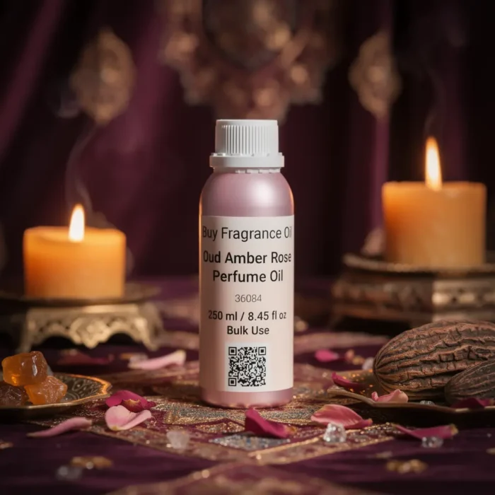 Oud Amber Rose perfume oil bottle with golden oriental atmosphere, deep oud wood, warm amber glow and velvety rose petals.