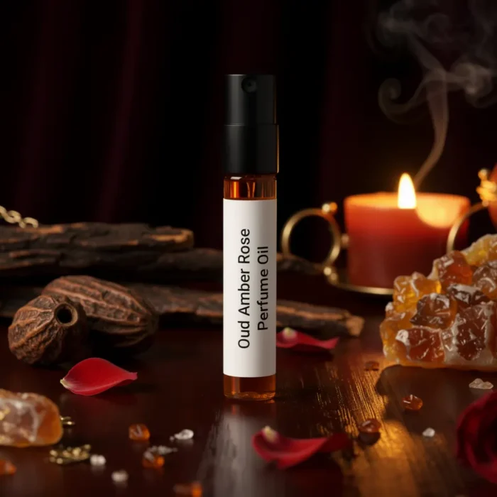 Oud Amber Rose perfume oil bottle with golden oriental atmosphere, deep oud wood, warm amber glow and velvety rose petals.