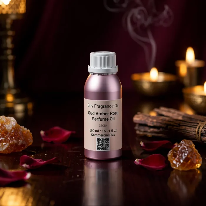 Oud Amber Rose perfume oil bottle with golden oriental atmosphere, deep oud wood, warm amber glow and velvety rose petals.
