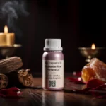 Oud Amber Rose perfume oil bottle with golden oriental atmosphere, deep oud wood, warm amber glow and velvety rose petals.