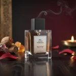 Oud Amber Rose perfume oil bottle with golden oriental atmosphere, deep oud wood, warm amber glow and velvety rose petals.