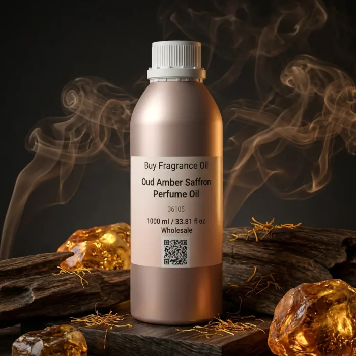 Oud amber saffron perfume oil with golden oriental glow, dark oud wood texture and warm resinous amber atmosphere.