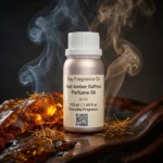 Oud amber saffron perfume oil with golden oriental glow, dark oud wood texture and warm resinous amber atmosphere.