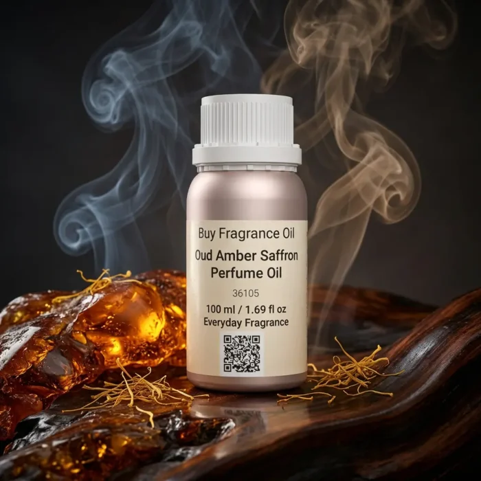 Oud amber saffron perfume oil with golden oriental glow, dark oud wood texture and warm resinous amber atmosphere.