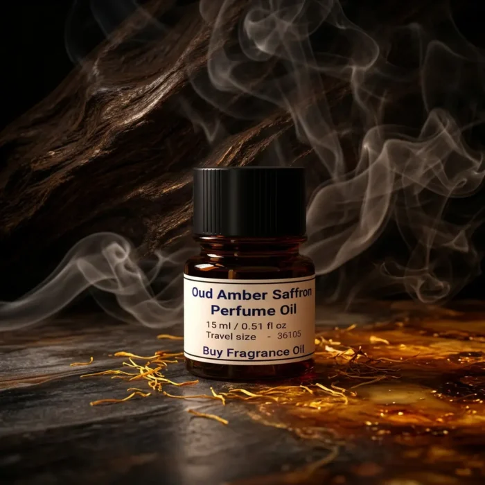 Oud amber saffron perfume oil with golden oriental glow, dark oud wood texture and warm resinous amber atmosphere.