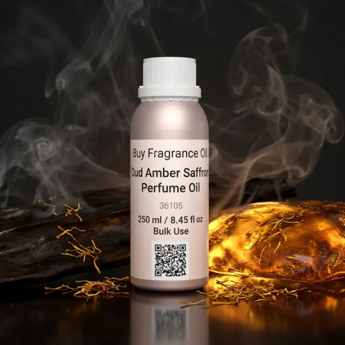 Oud amber saffron perfume oil with golden oriental glow, dark oud wood texture and warm resinous amber atmosphere.