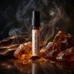 Oud amber saffron perfume oil with golden oriental glow, dark oud wood texture and warm resinous amber atmosphere.