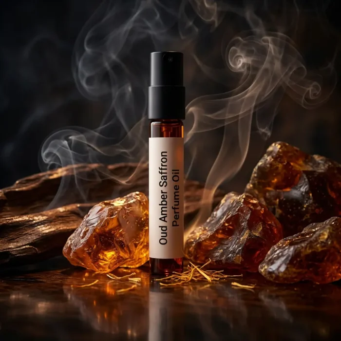 Oud amber saffron perfume oil with golden oriental glow, dark oud wood texture and warm resinous amber atmosphere.