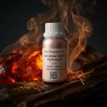 Oud amber saffron perfume oil with golden oriental glow, dark oud wood texture and warm resinous amber atmosphere.