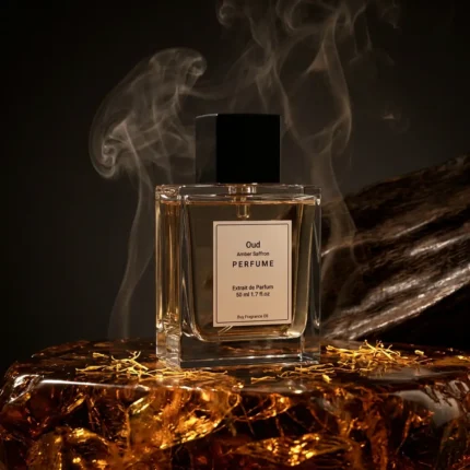 Oud amber saffron perfume oil with golden oriental glow, dark oud wood texture and warm resinous amber atmosphere.