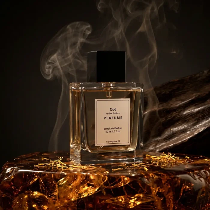 Oud amber saffron perfume oil with golden oriental glow, dark oud wood texture and warm resinous amber atmosphere.