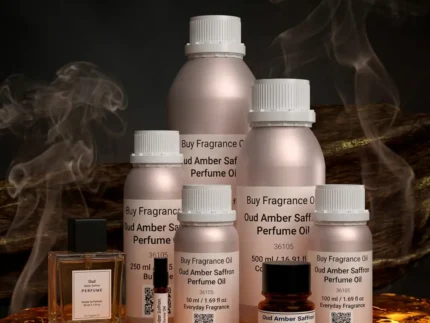 Oud amber saffron perfume oil with golden oriental glow, dark oud wood texture and warm resinous amber atmosphere.