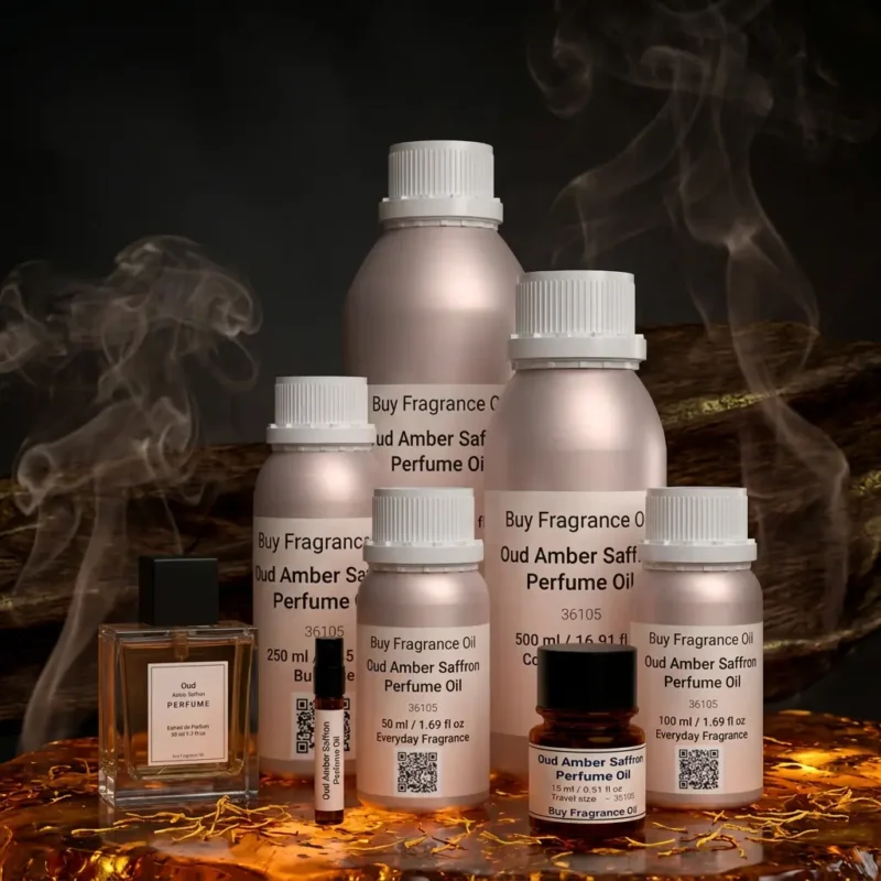 Oud amber saffron perfume oil with golden oriental glow, dark oud wood texture and warm resinous amber atmosphere.