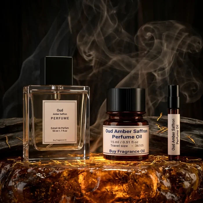 Oud amber saffron perfume oil with golden oriental glow, dark oud wood texture and warm resinous amber atmosphere.