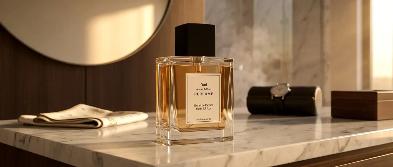 Oud amber saffron perfume oil with golden oriental glow, dark oud wood texture and warm resinous amber atmosphere.