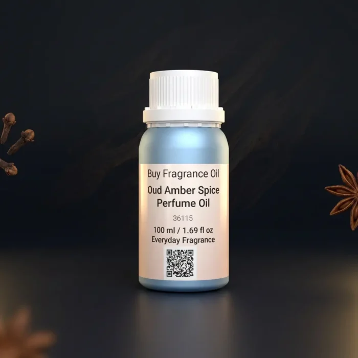 Oud amber spice perfume oil background with dark smoky oud wood, glowing amber resin and warm oriental spice atmosphere.