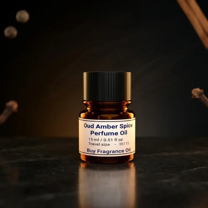 Oud amber spice perfume oil background with dark smoky oud wood, glowing amber resin and warm oriental spice atmosphere.