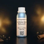 Oud amber spice perfume oil background with dark smoky oud wood, glowing amber resin and warm oriental spice atmosphere.