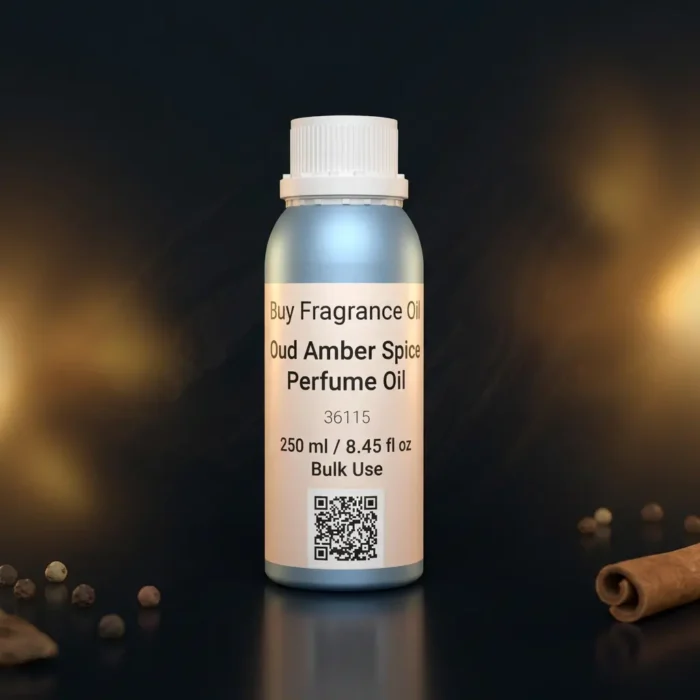 Oud amber spice perfume oil background with dark smoky oud wood, glowing amber resin and warm oriental spice atmosphere.