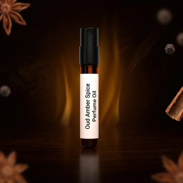 Oud amber spice perfume oil background with dark smoky oud wood, glowing amber resin and warm oriental spice atmosphere.