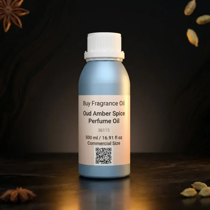 Oud amber spice perfume oil background with dark smoky oud wood, glowing amber resin and warm oriental spice atmosphere.