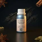 Oud amber spice perfume oil background with dark smoky oud wood, glowing amber resin and warm oriental spice atmosphere.