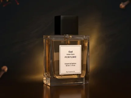 Oud amber spice perfume oil background with dark smoky oud wood, glowing amber resin and warm oriental spice atmosphere.