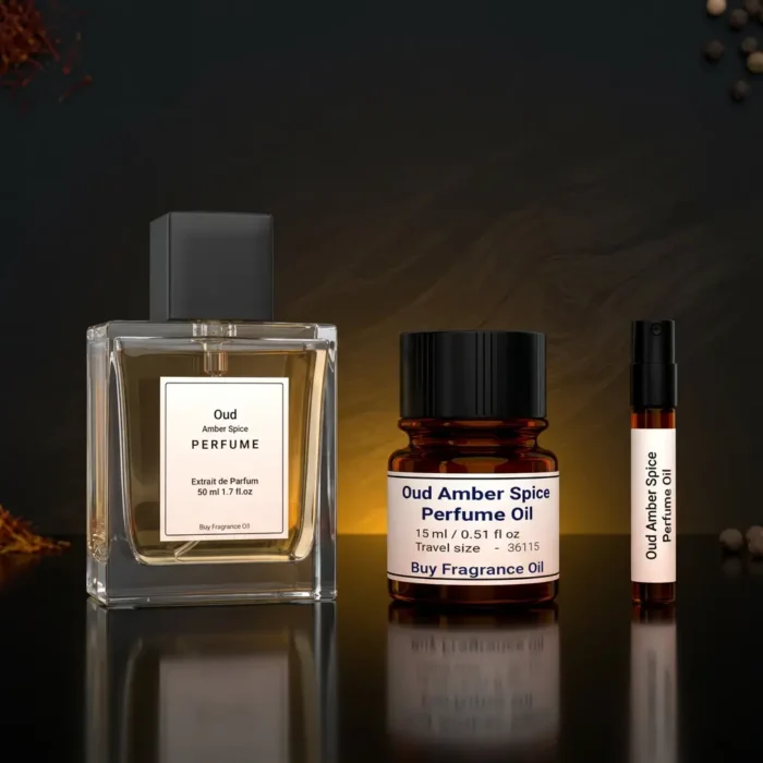Oud amber spice perfume oil background with dark smoky oud wood, glowing amber resin and warm oriental spice atmosphere.
