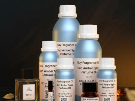 Oud amber spice perfume oil background with dark smoky oud wood, glowing amber resin and warm oriental spice atmosphere.