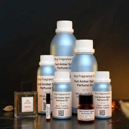 Oud amber spice perfume oil background with dark smoky oud wood, glowing amber resin and warm oriental spice atmosphere.