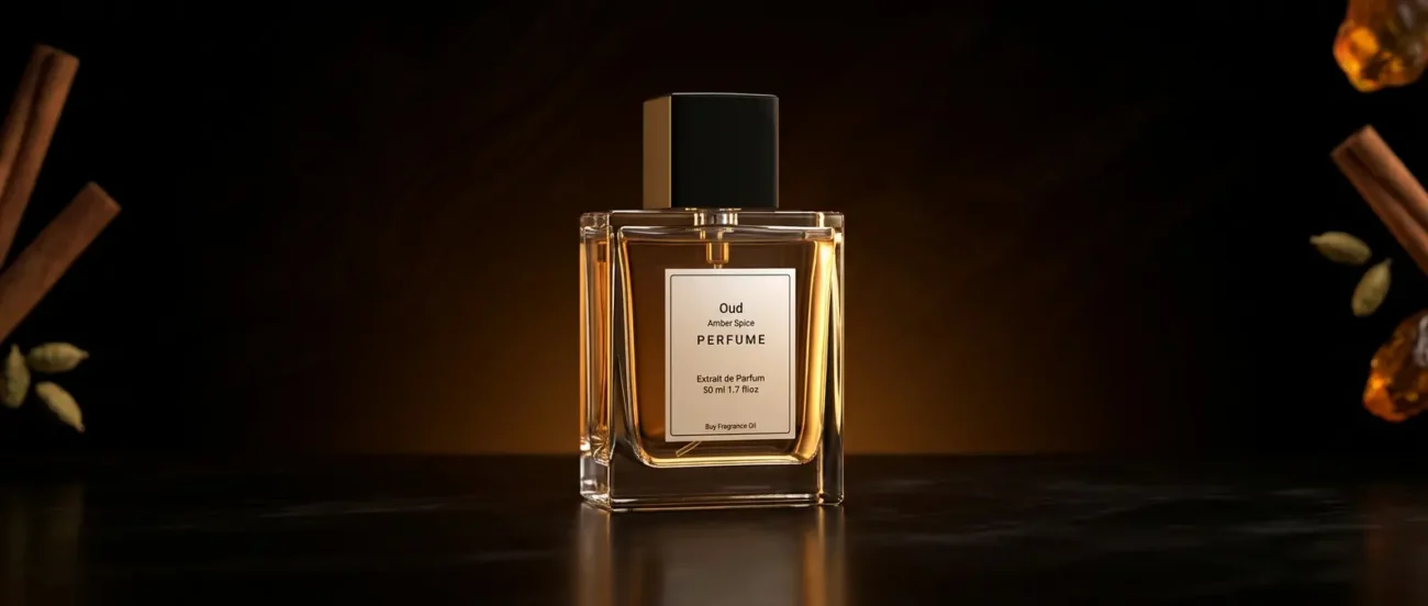 Oud amber spice perfume oil background with dark smoky oud wood, glowing amber resin and warm oriental spice atmosphere.