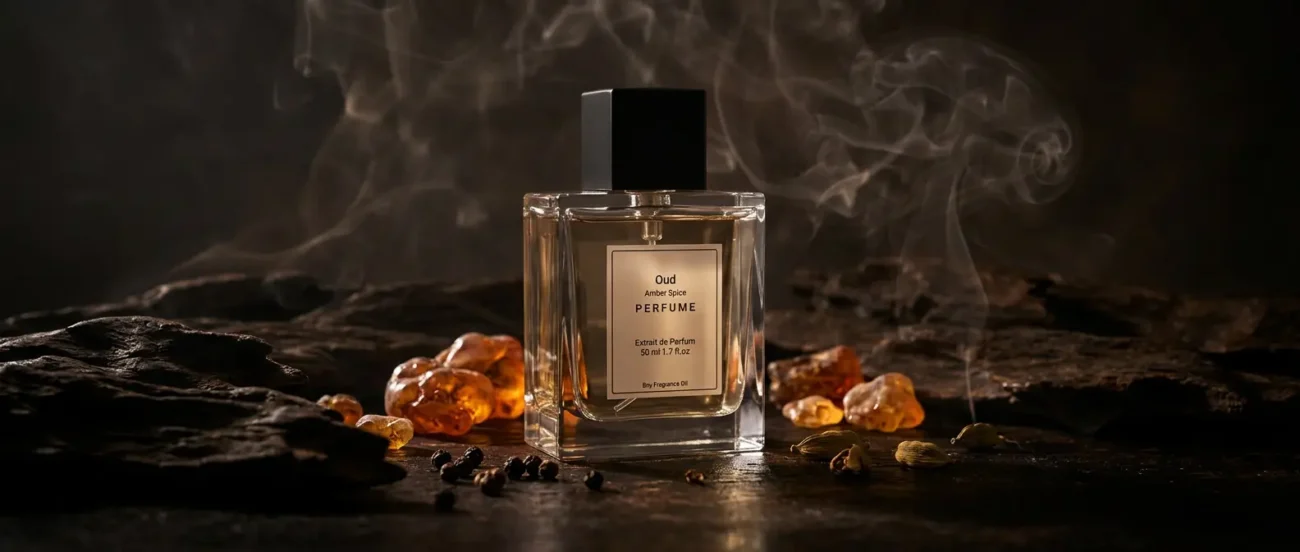 Oud amber spice perfume oil background with dark smoky oud wood, glowing amber resin and warm oriental spice atmosphere.