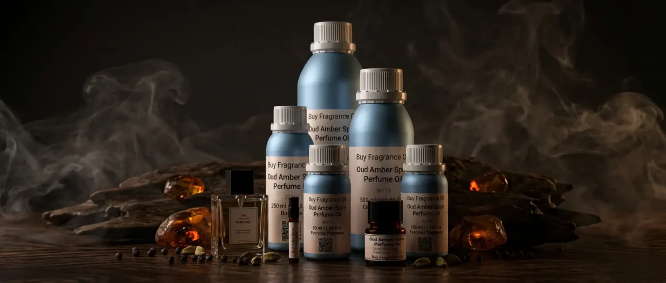 Oud amber spice perfume oil background with dark smoky oud wood, glowing amber resin and warm oriental spice atmosphere.