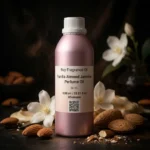 vanilla almond jasmine perfume oil background with creamy vanilla, almond texture and soft jasmine flowers in a dark warm sensual atmosphere