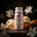 vanilla almond jasmine perfume oil background with creamy vanilla, almond texture and soft jasmine flowers in a dark warm sensual atmosphere