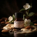 vanilla almond jasmine perfume oil background with creamy vanilla, almond texture and soft jasmine flowers in a dark warm sensual atmosphere