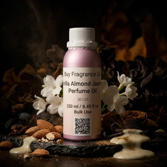 vanilla almond jasmine perfume oil background with creamy vanilla, almond texture and soft jasmine flowers in a dark warm sensual atmosphere