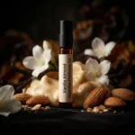 vanilla almond jasmine perfume oil background with creamy vanilla, almond texture and soft jasmine flowers in a dark warm sensual atmosphere