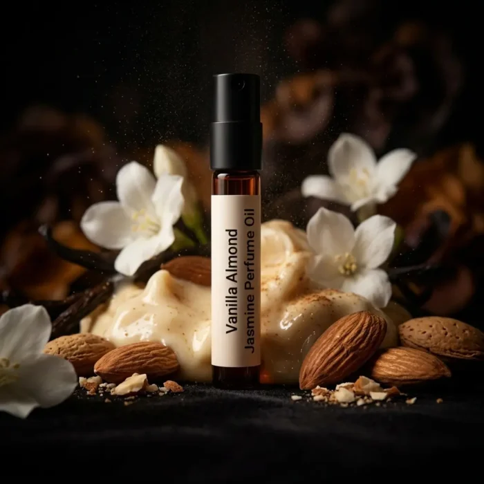 vanilla almond jasmine perfume oil background with creamy vanilla, almond texture and soft jasmine flowers in a dark warm sensual atmosphere