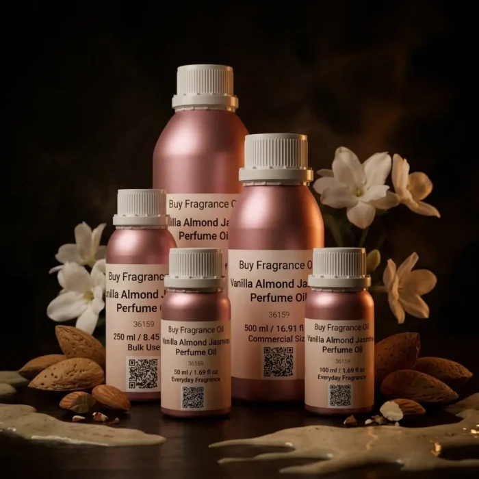 vanilla almond jasmine perfume oil background with creamy vanilla, almond texture and soft jasmine flowers in a dark warm sensual atmosphere